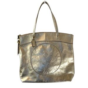 COACH Laura Leather Signature Print Tote Shoulder Bag Metallic Gold